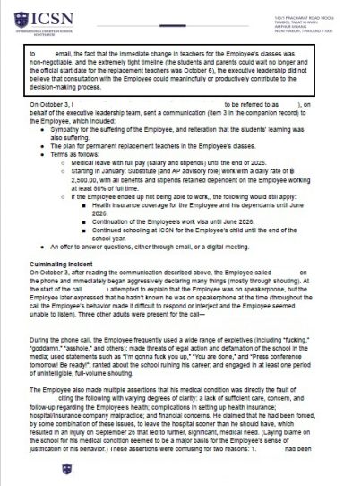 ICSN Executive Leadership Paid Medical Leave Notification October 2025 Letter from the ICSN Executive Leadership Team to an employee discussing paid medical leave, class reassignments for academic consistency.