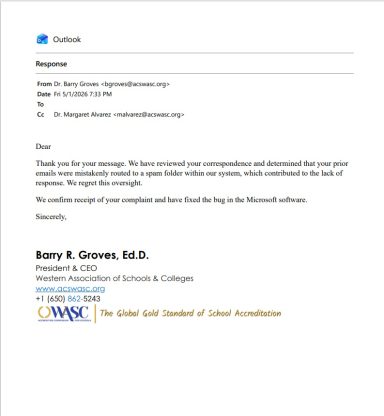 Email from WASC President acknowledging complaints and communication failures.