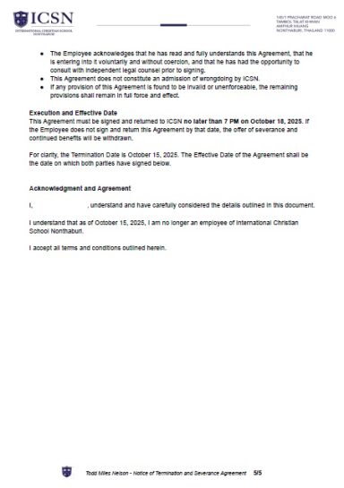 ICSN agreement imposing a deadline for acceptance of severance and employment separation terms.