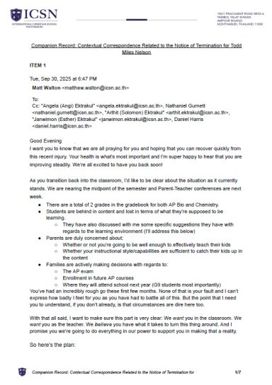 ICSN principal emails hospitalized disabled teacher raising performance concerns while phone calls from family went unanswered.