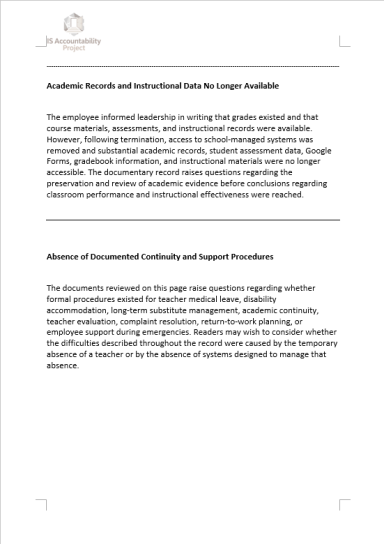 Analysis of academic continuity planning, unavailable grade records, instructional materials, and teacher support systems.