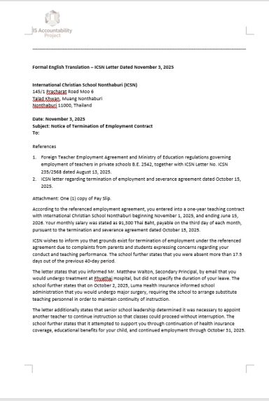 A document scan of the formal English translation of an International Christian School Nonthaburi (ICSN) letter dated November 3, 2025. 
