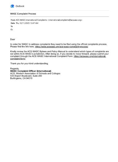 WASC Official Complaint System Directive Official email from WASC International Complaints dated December 11, 2025, detailing the official process and linking to bylaws.