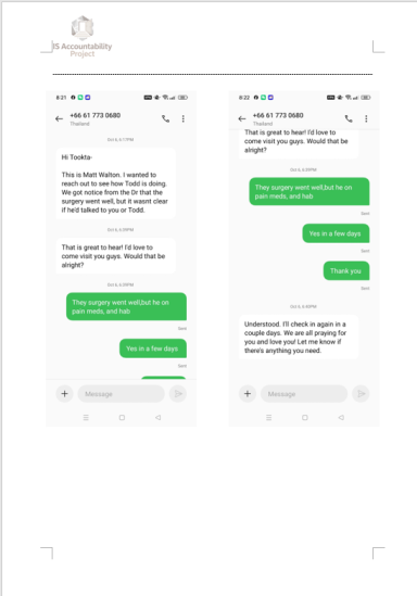 Screenshot of a supportive WhatsApp conversation on October 6, 2025, from Matt Walton checking on the employee's spinal surgery recovery.