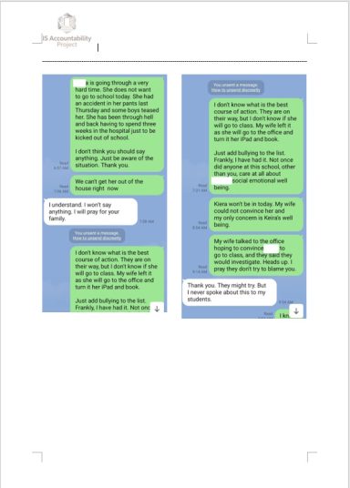 Homeroom Chat Log — Parent and Staff Communications (Part 1) Chat log detailing a student’s medical accident at school, peer teasing, family trauma, and request for staff awareness.