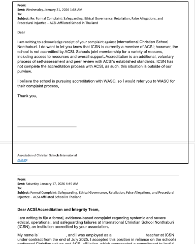 ACSI Acknowledgement of Complaint Email from ACSI acknowledging receipt of the complaint and clarifying the status of member schools versus accreditation.
