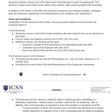 Page 3 of the agreement showing that continued student enrollment, work visas, and insurance were conditional on signing.