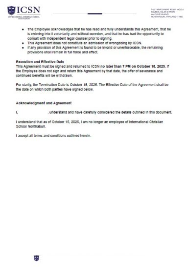 ICSN Severance Agreement Execution Deadline and Effective Date Execution page of the ICSN agreement showing the October 18 signature deadline, October 15 termination date, and the employee acknowledgment