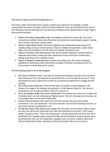 Factual Impact Analysis Statement Summary of reported institutional welfare failures and the resulting psychological impact and trauma on the student.