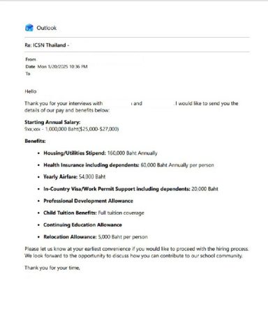 Official recruitment offer email showing starting salary details and a bulleted list of employee benefits.