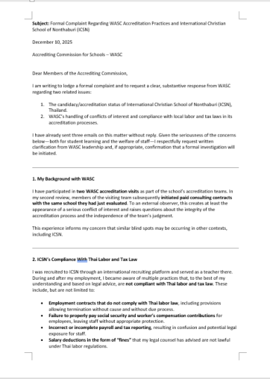 Formal Written Complaint on Accreditation Integrity Formal complaint document from December 10, 2025, sent to WASC raising concerns over conflict of interest and non-compliance with Thai labo