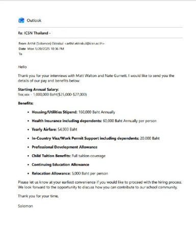 Recruitment email from Solomon Ektrakul outlining salary and insurance benefits.
