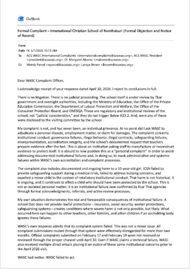 Formal response disputing WASC's refusal to investigate safeguarding and governance concerns.
