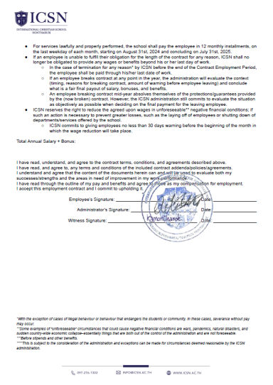 Second page of ICSN employment contract showing compensation terms, benefits, and wage provisions.