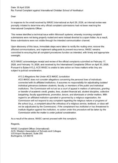 WASC Formal Dismissal Citing System Glitch and Jurisdiction Official WASC decision letter dated April 30, 2026, citing Bylaw A13.2 to decline action due to pending legal considerations.