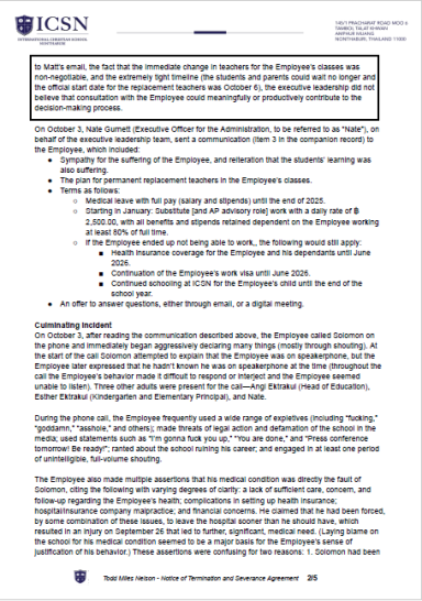 ICSN termination document stating replacement teacher decisions were non-negotiable and employee consultation was not considered meaningful.