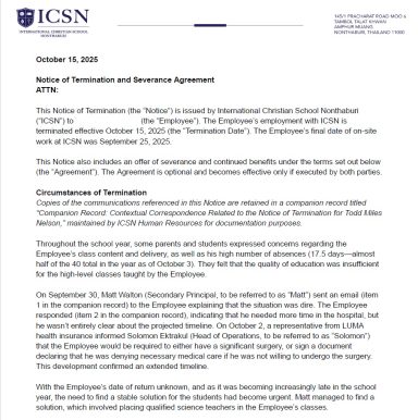 Notice of Termination and Severance Agreement issued by International Christian School Nonthaburi dated October 15, 2025.