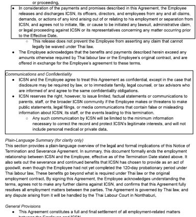 Separation agreement clauses detailing a complete release of legal claims, a non-disparagement covenant, and confidentiality requirements.