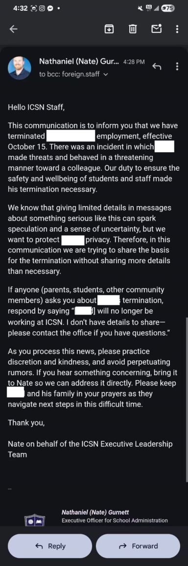 Official email correspondence from the school administration discussing staff termination and internal communication guidelines.