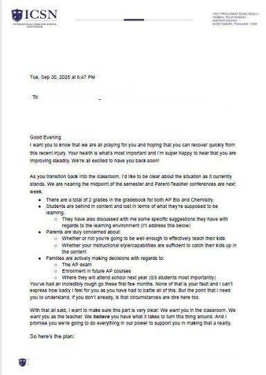 Academic Status and Teacher Support Correspondence Email letter dated September 30, 2025, from school administration outlining student academic status, parent considerations, and transitional