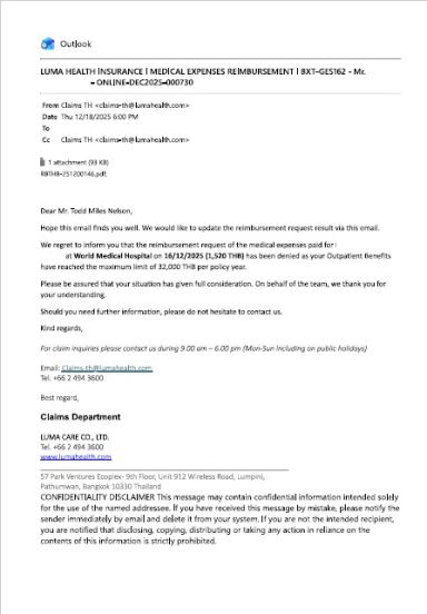 LUMA Health email denying reimbursement due to policy limits.