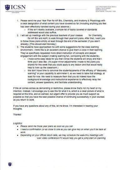Instruction Continuity and Support Plan Correspondence A formal letter outlining requested action items for teaching year plans, classroom environment feedback, and return-to-work logistics.