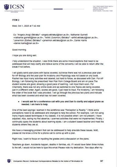 Hospitalized teacher responds to ICSN confirming existence of instructional records and requesting phone call that never occurred.