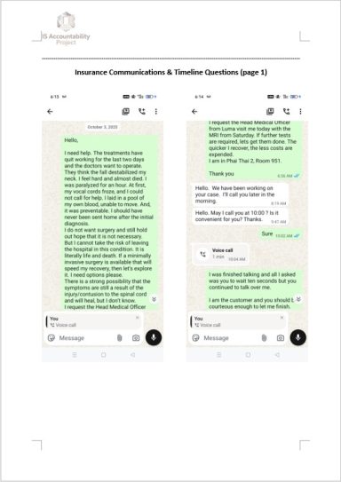 WhatsApp communications discussing medical treatment and insurance assistance.