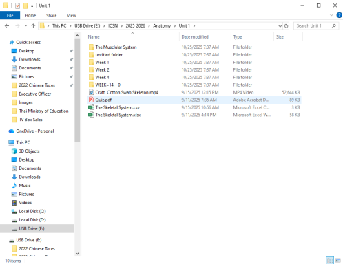 Anatomy Course Unit 1 Files Windows File Explorer view showing folders and files for Anatomy Unit 1, including muscular system resources, quizzes, and skeletal system.