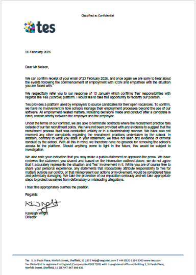 Final correspondence from TES outlining its position and response to submitted concerns.